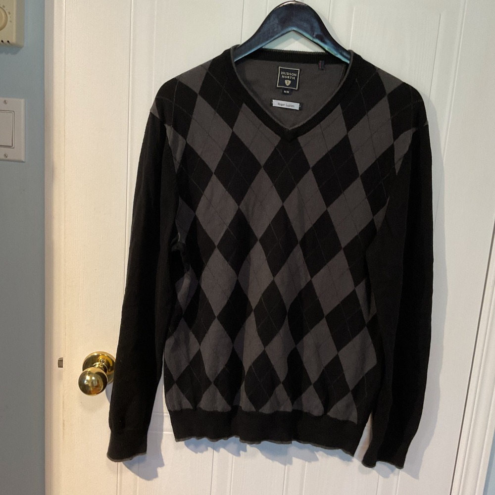 Hudson North Argyle Sweater Mens Medium Black Excellent Pima Cotton V-Neck